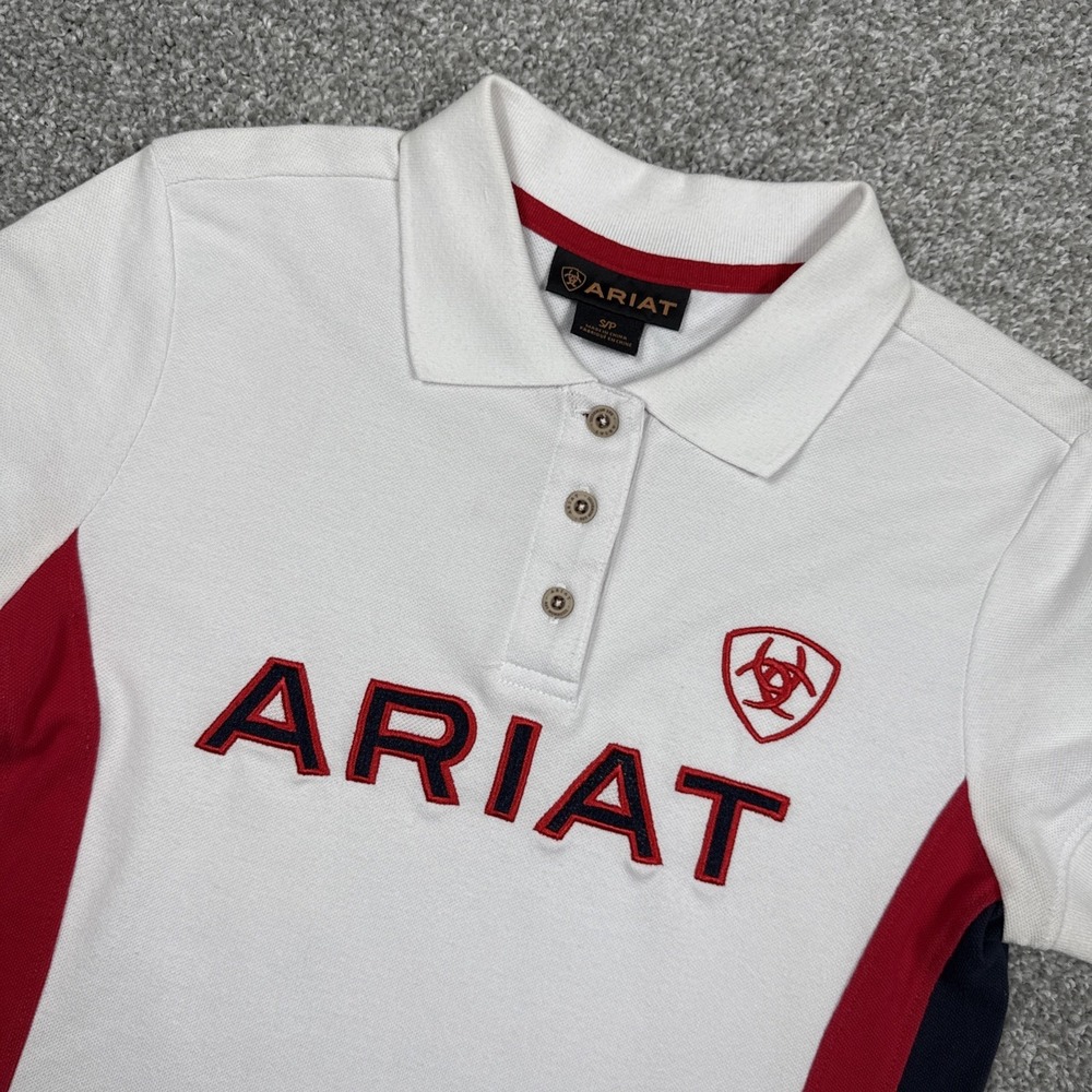 Ariat Polo Shirt Women's Small White Red Blue Stretch Equestrian Western